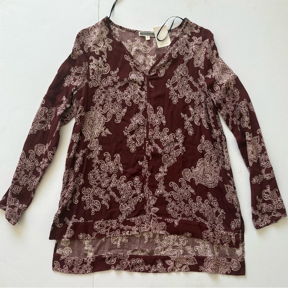 Pleione Tops - Pelione Women's Burgundy Brown Paisley Long-Sleeve V-Neck Tunic Small NWT
